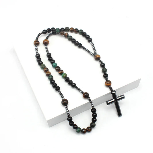 Natural Stone Rosary Necklace – Africa Turquoise & Tiger Eye Beads with Cross Pendant