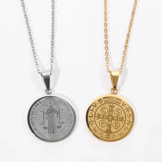 San Benito Medal Pendant Necklace – Stainless Steel Cross Jewelry for Men & Women