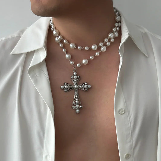 IngeSight.Z Elegant Pearl Cross Choker Necklace – Goth‑Chic 2‑in‑1 Statement Piece